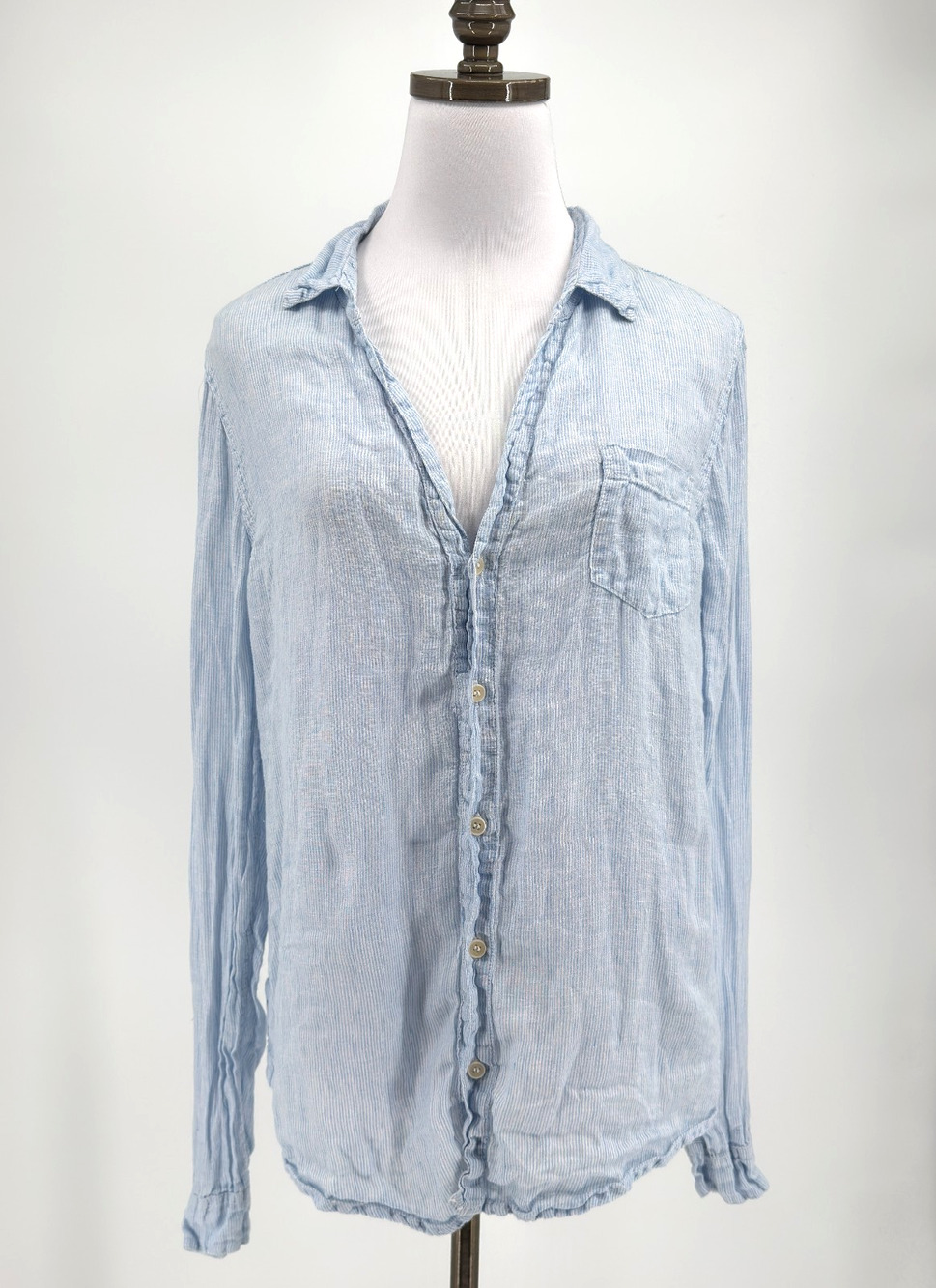 CP Shades Light Blue Woven Linen Collared Long Sleeve Button Down Top Sz M
